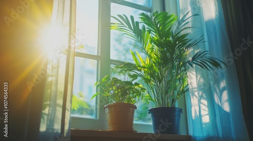 Small-space indoor plant setup, organized by window with bright light, compact decor, photo