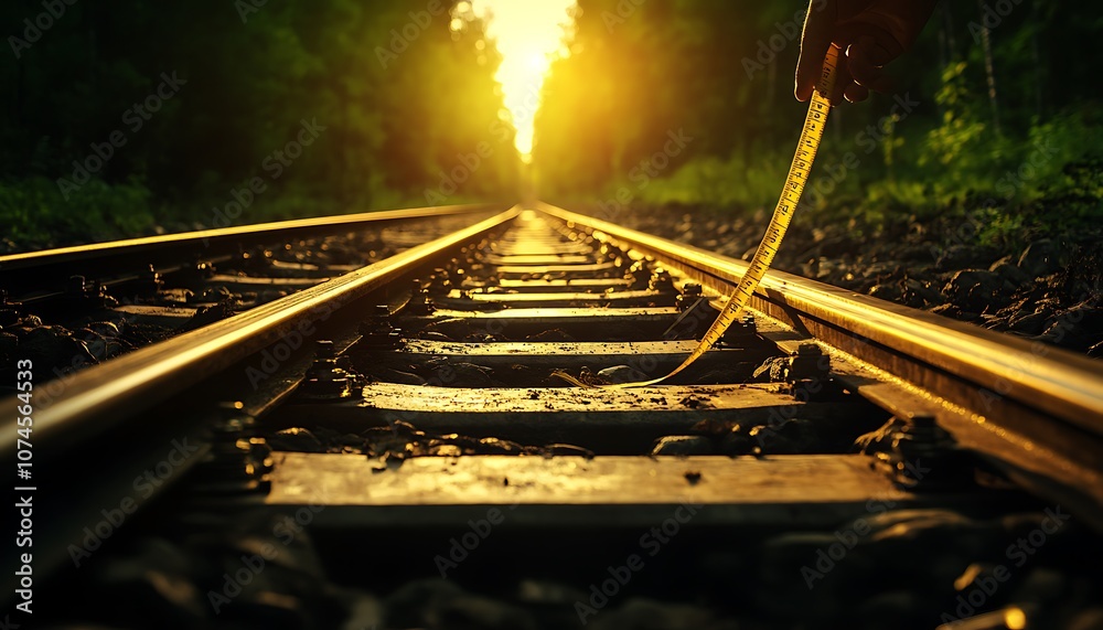Naklejka premium A serene view of railway tracks leading into a bright, glowing light amidst a lush, green forest.