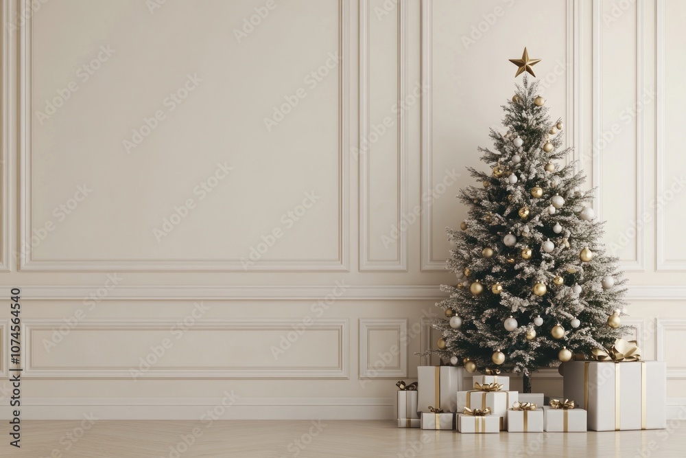 Beige wall with a Christmas tree christmas minimalist elegant. Beige wall with a Christmas tree christmas minimalist elegant.