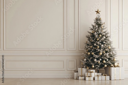 Beige wall with a Christmas tree christmas minimalist elegant.