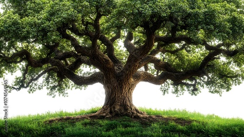 Majestic and ancient oak tree with gnarled branches reaching towards the sky,towering over a lush,verdant meadow in a serene and peaceful countryside landscape. photo