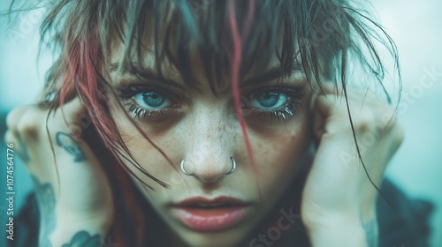 This artistic portrait captures a freckled woman with nose piercings, introspectively gazing, highlighting individuality amidst rich textures and moody atmosphere. photo