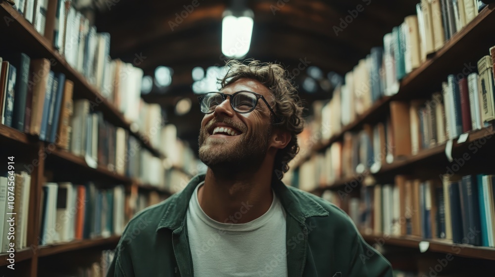 A bearded man wearing glasses and a green jacket smiles contently while standing amidst towering bookshelves in a warmly lit library setting.
