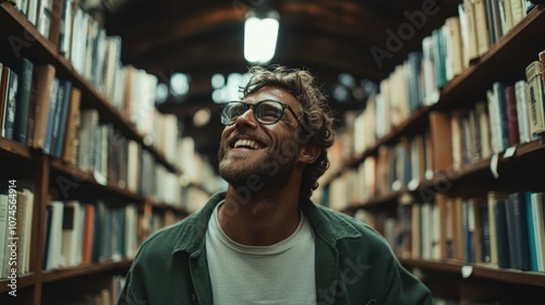 A bearded man wearing glasses and a green jacket smiles contently while standing amidst towering bookshelves in a warmly lit library setting.