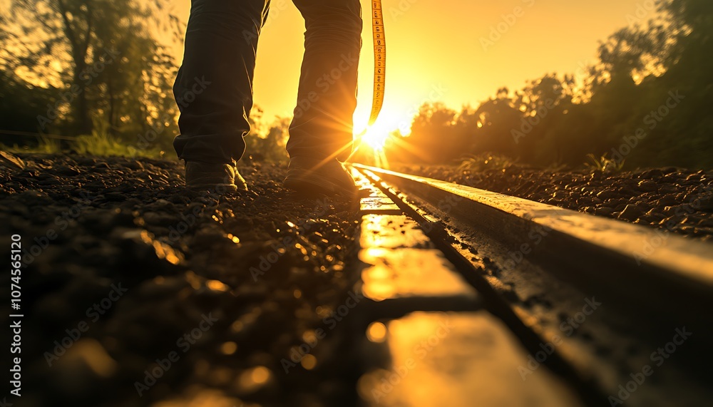 A silhouette of a person standing near railroad tracks, bathed in warm golden sunlight during sunset. A silhouette of a person standing near railroad tracks, bathed in warm golden sunlight during sunset.