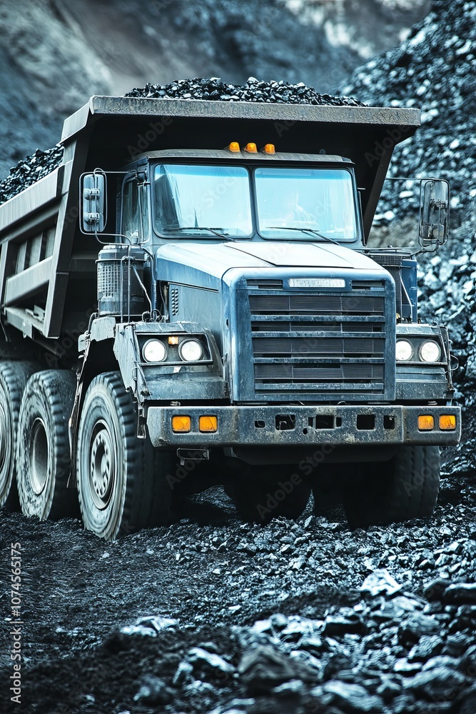 Heavy-Duty Mining Truck Transporting Coal, Open-Pit Coal Mining, Industrial Mining Operation.