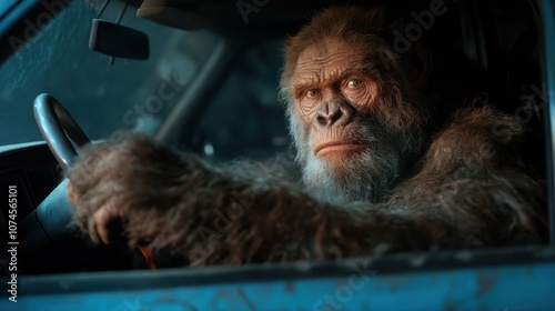 A large, majestic creature with an intense gaze firmly grips the steering wheel of a car, showcasing strength, curiosity, and an unexpected twist of humor. photo