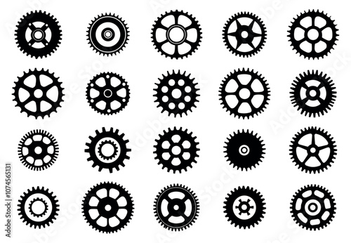 Gear simple black and white icons set. Bicycle sprocket mechanical cogwheels chainrings technology items. Black and white simple flat style. Isolated vector clipart collection on white background