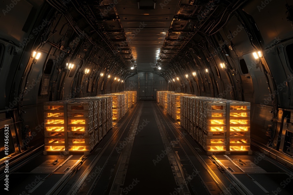 Plane cargo hold filled with colorful packages ready for global delivery and transport. Plane cargo hold filled with colorful packages ready for global delivery and transport.