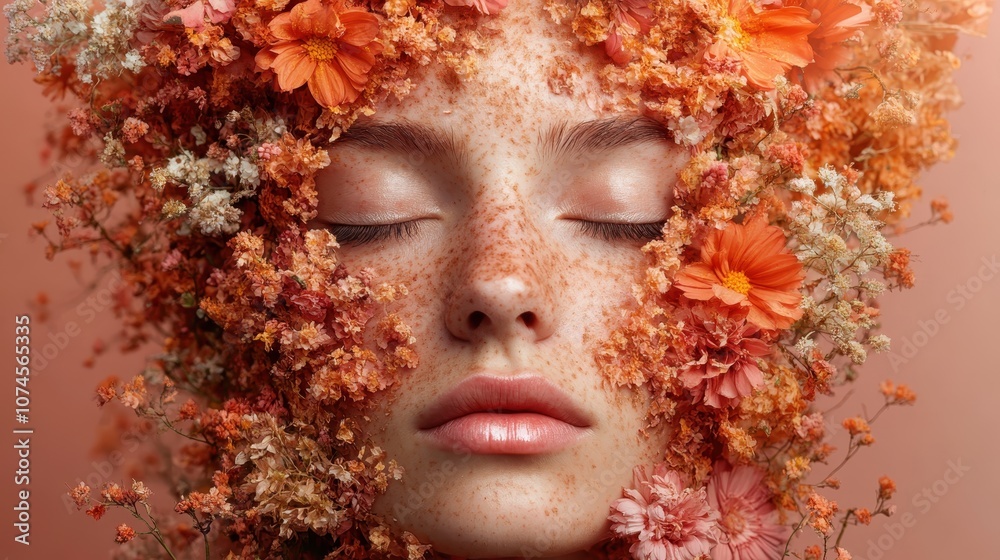 An artistic image of a woman's face engulfed in an array of blooming flowers, capturing the essence of natural beauty and artistic flowering, dreamily peaceful. An artistic image of a woman's face engulfed in an array of blooming flowers, capturing the essence of natural beauty and artistic flowering, dreamily peaceful.