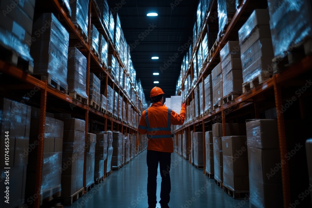 Worker inspecting parcel with care and precision in a busy distribution center. Worker inspecting parcel with care and precision in a busy distribution center.