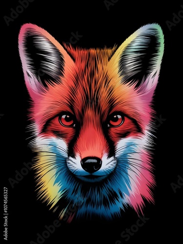 lithographic abstract silhouette of a fox cub's muzzle in a surreal rainbow gradient.  photo