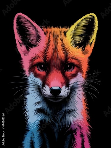 lithographic abstract silhouette of a fox cub's muzzle in a surreal rainbow gradient.  photo