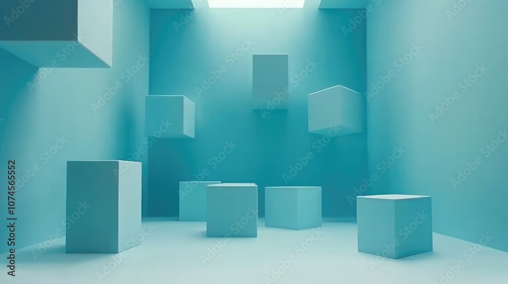 Abstract Space with Floating Cubes in Light Blue Room Featuring Soft Shadows and Minimalist Design Aesthetic for Modern Art Concepts and Backgrounds Abstract Space with Floating Cubes in Light Blue Room Featuring Soft Shadows and Minimalist Design Aesthetic for Modern Art Concepts and Backgrounds