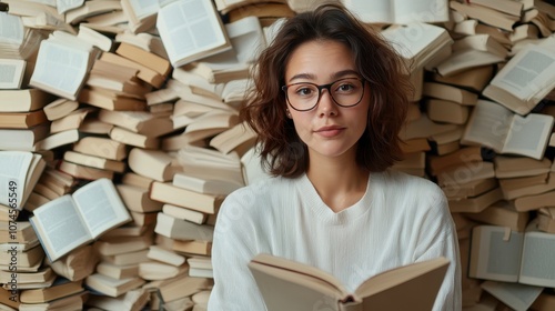 A woman with glasses is deeply engaged in reading a book near a wall stacked with open books, showcasing a love for literature and intelligent exploration. photo