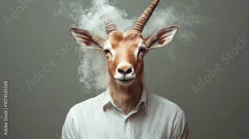 A surreal image of an anthropomorphic goat in a white shirt, surrounded by smoke, representing a blend of nature and mysticism in a modern artistic expression. photo