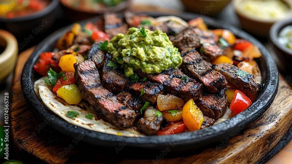 Mouthwatering grilled steak fajita platter served on a rustic wooden table,featuring savory sliced beef,vibrant sauted peppers and onions,and a creamy,flavorful guacamole dip. Mouthwatering grilled steak fajita platter served on a rustic wooden table,featuring savory sliced beef,vibrant sauted peppers and onions,and a creamy,flavorful guacamole dip.