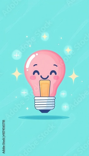 Explore a whimsical cartoon design featuring a smiling light bulb with sparkling effects in a flat style book illustration