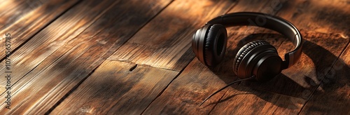 Headphones on a wooden background, a music concept banner with copy space for text, in a minimalistic style, banner design, 3D rendering