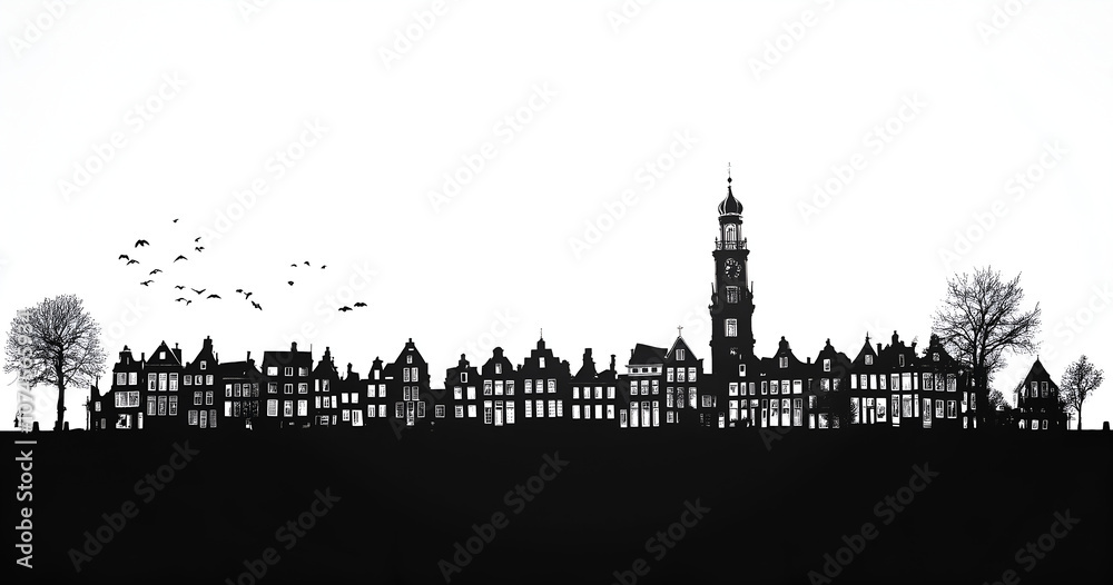 Silhouette of the skyline in black on white background