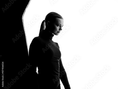Εκτύπωση καμβά Silhouette of Woman Posing Elegantly in Studio Lighting