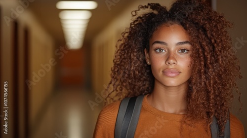 A young woman with curly hair stands in a hallway, wearing a backpack, bathed in natural light. Her expression is thoughtful and relaxed as she gazes forward. photo