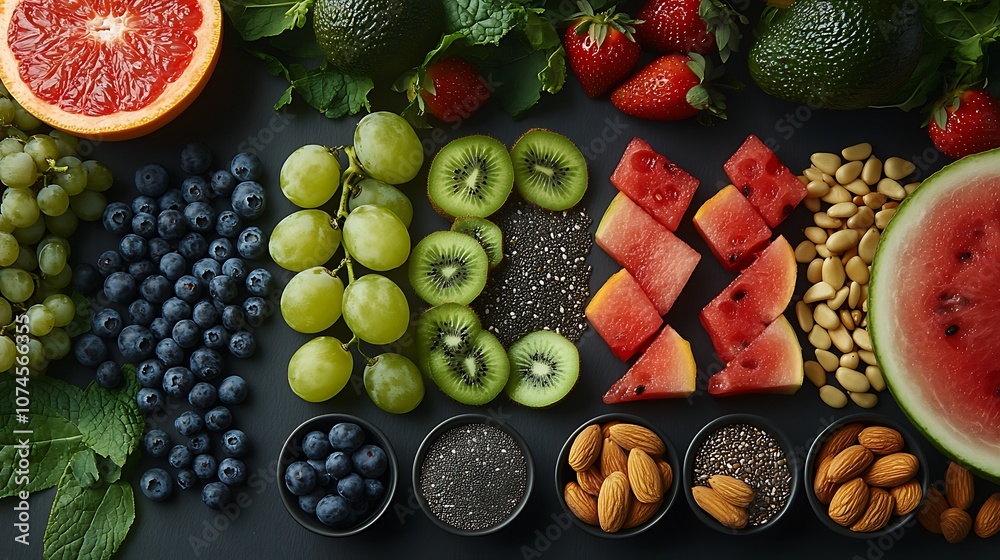 Colorful array of fresh fruits nuts and seeds, Fresh colorful food background Colorful array of fresh fruits nuts and seeds, Fresh colorful food background