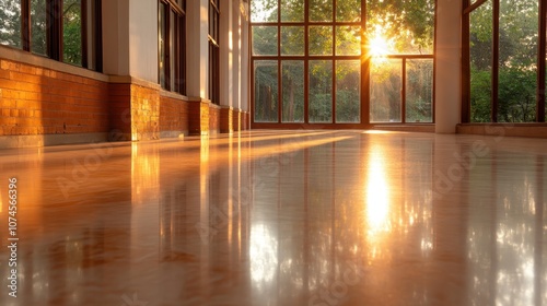 A modern architectural interior bathed in the warm glow of a setting sun, featuring expansive windows and reflections on the polished floor, creating a serene ambiance. photo