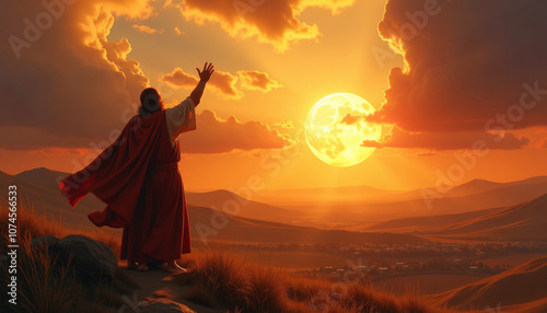 Joshua commanding the sun to stand still over Gibeon during a pivotal battle in ancient biblical times photo