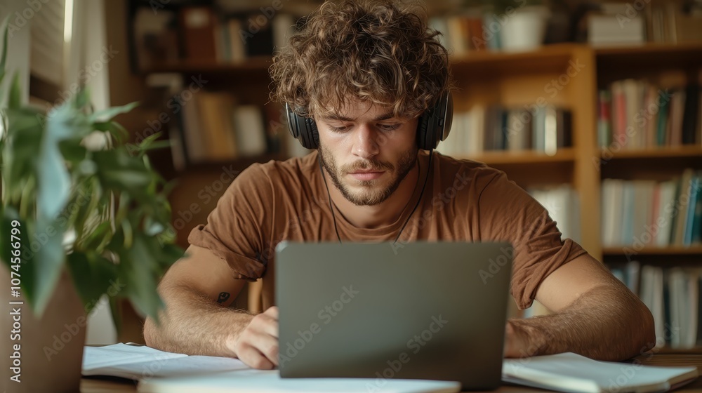 A curly-haired man in a brown t-shirt, wearing headphones, deeply engaged in his laptop in a comfortable space filled with books and natural potted plants. A curly-haired man in a brown t-shirt, wearing headphones, deeply engaged in his laptop in a comfortable space filled with books and natural potted plants.