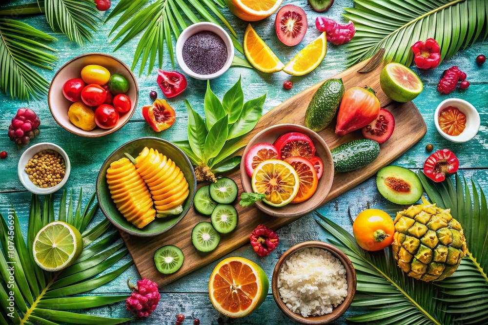 Vibrant Food Photography with Watercolor Palm Leaves and Fresh Ingredients for a Tropical Culinary Experience, Perfect for Culinary Blogs and Social Media Sharing Vibrant Food Photography with Watercolor Palm Leaves and Fresh Ingredients for a Tropical Culinary Experience, Perfect for Culinary Blogs and Social Media Sharing