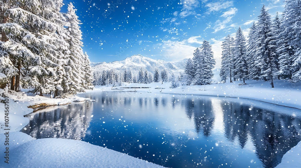 Fototapeta premium Snow-Covered Mountain Lake with Fir Trees and a Snowy Landscape