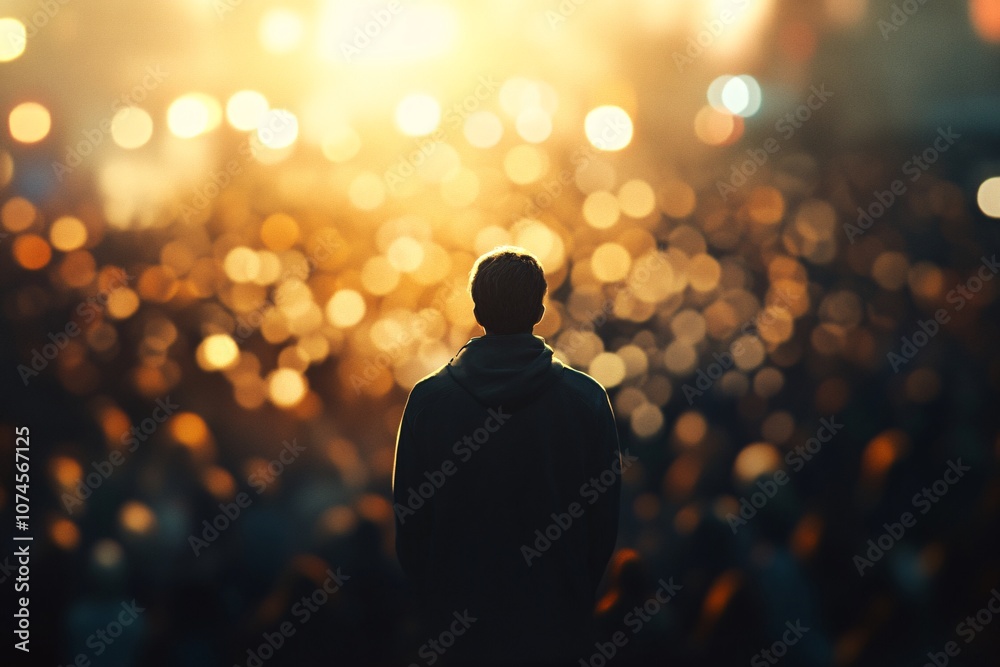 Silhouette of a Man Standing in a Crowd of People at Sunset Silhouette of a Man Standing in a Crowd of People at Sunset