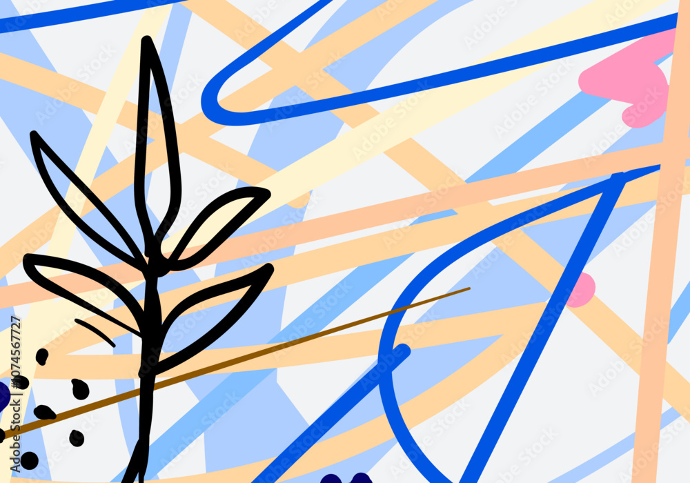 Minimalist abstract background with line art of black leaves and flowers