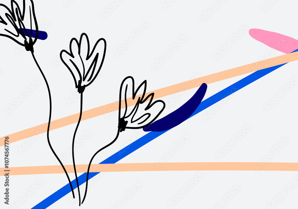 Minimalist abstract background with line art of black leaves and flowers Minimalist abstract background with line art of black leaves and flowers