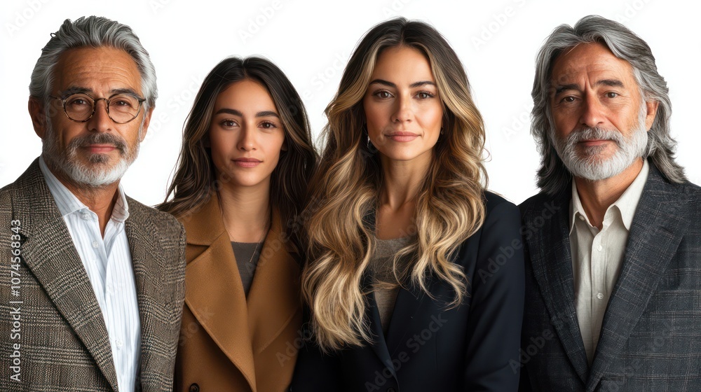 Business group from Argentina, mixed ages, youth and seniors, professional attire, isolated, white background Business group from Argentina, mixed ages, youth and seniors, professional attire, isolated, white background
