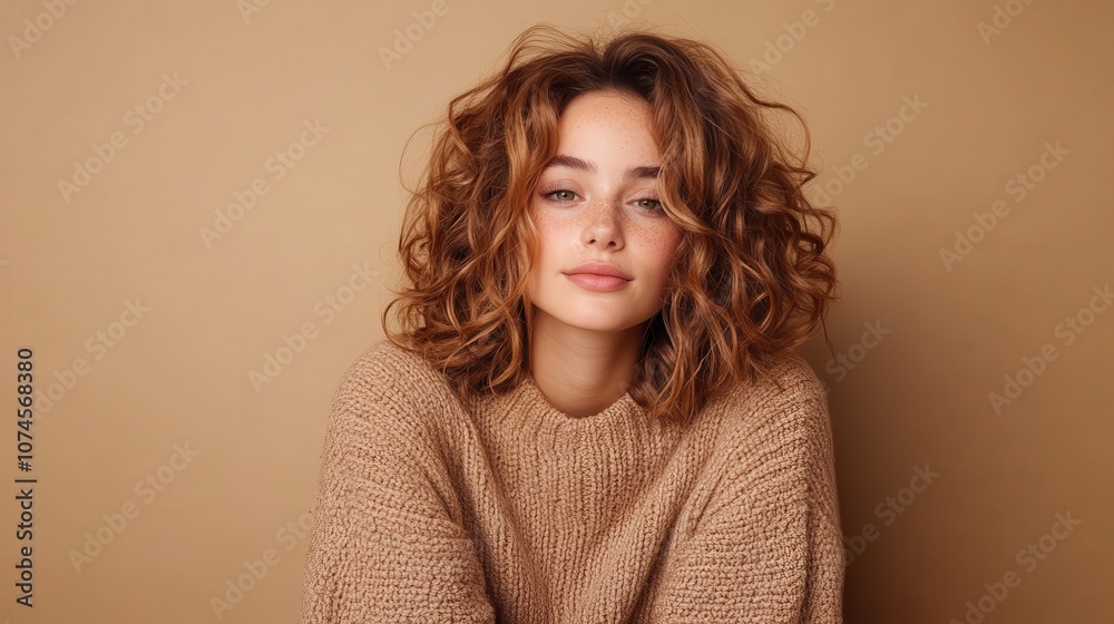 A woman with curly hair wears a cozy beige sweater, exuding warmth and comfort. Her serene expression adds to the inviting and relaxed atmosphere of the portrait. A woman with curly hair wears a cozy beige sweater, exuding warmth and comfort. Her serene expression adds to the inviting and relaxed atmosphere of the portrait.