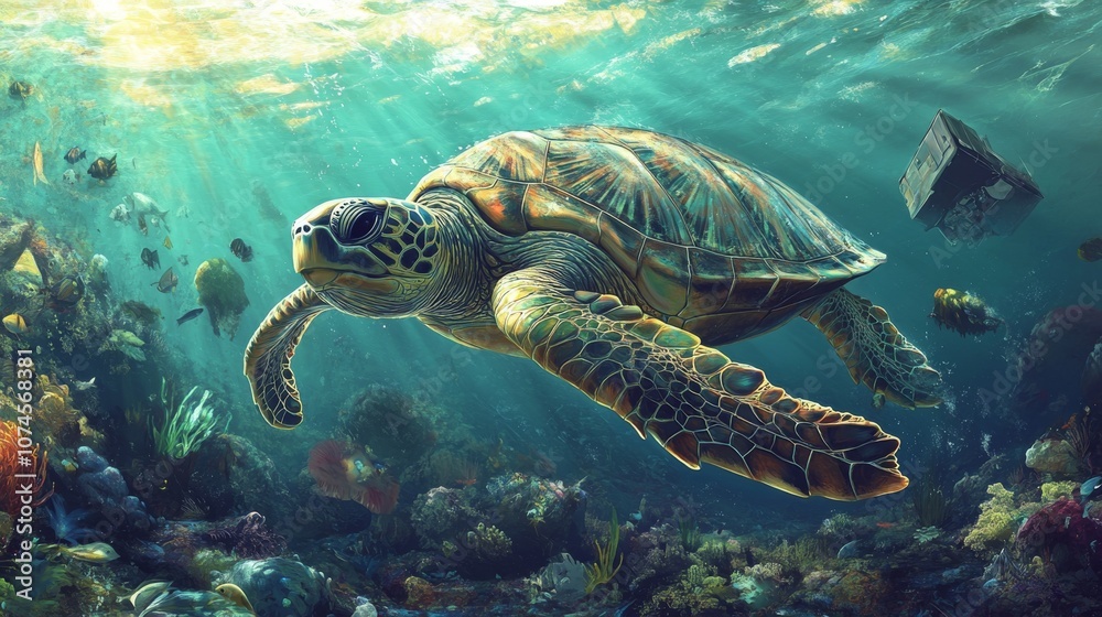 Obraz premium A sea turtle swims through polluted waters, showing ocean ecosystems at risk from rising temperatures. --ar 16:9 --v 6.1 Job ID: a1abd55d-8141-40e9-9ea2-cd96fbac2dbf