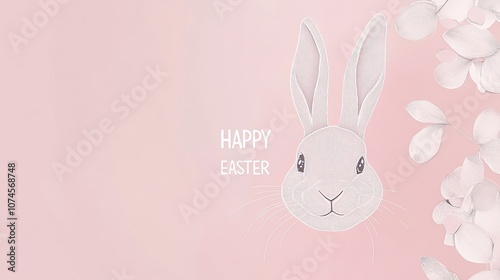 Adorable easter bunny illustration with delicate floral elements on pastel pink background