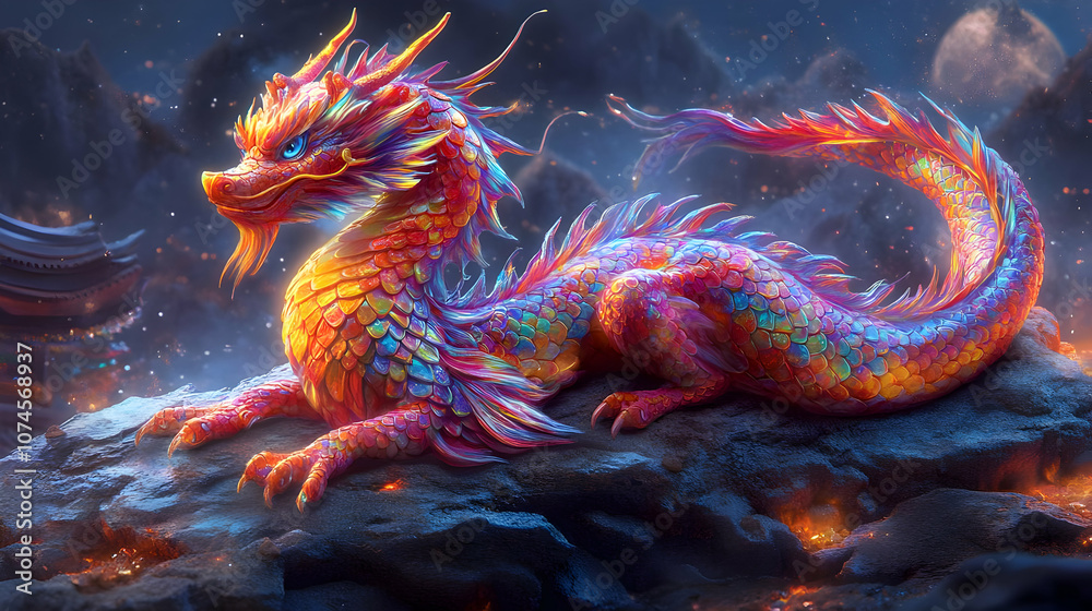 Rainbow Dragon Illustration with Blue Background Rainbow Dragon Illustration with Blue Background