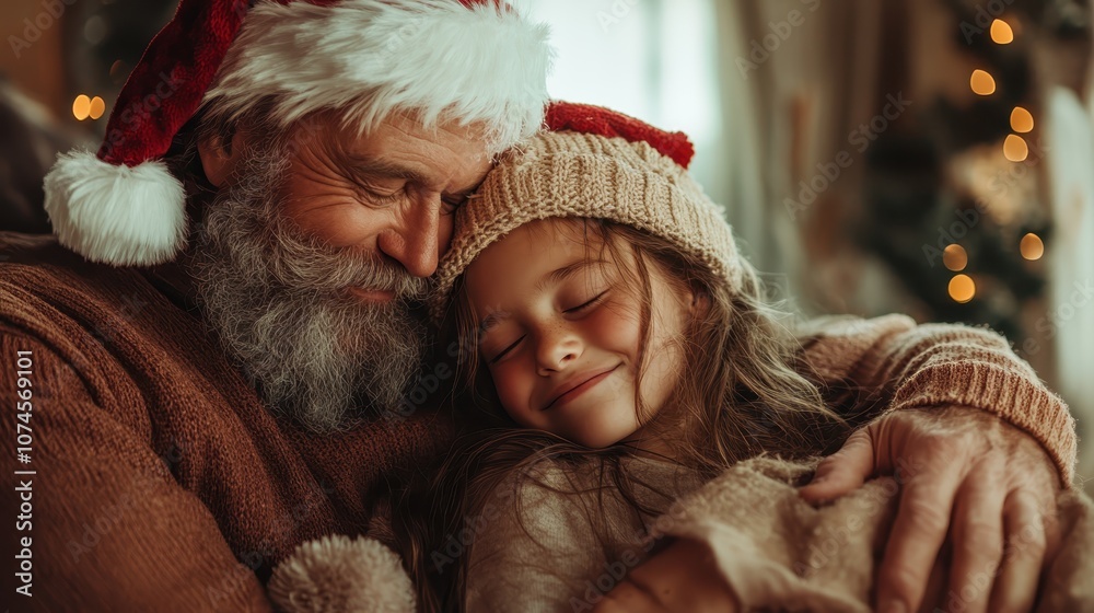 A heartwarming scene of a bearded man in a Santa hat lovingly embracing a smiling young girl, both cozy and content, captures a quintessential Christmas moment. A heartwarming scene of a bearded man in a Santa hat lovingly embracing a smiling young girl, both cozy and content, captures a quintessential Christmas moment.