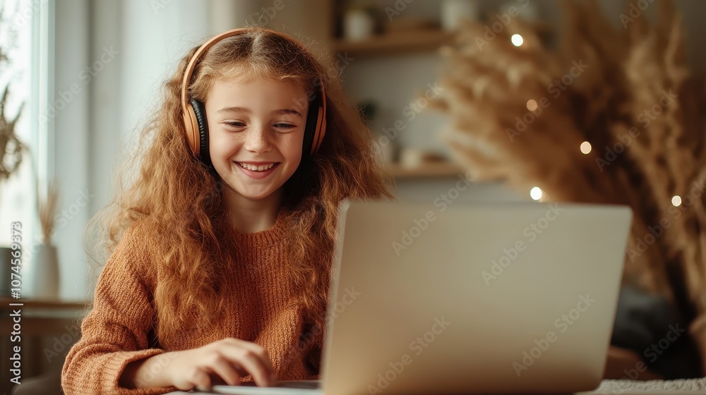 A young girl with long hair and headphones joyfully interacts with her laptop, surrounded by a soft focus background, evoking joy and innocence in a modern setting. A young girl with long hair and headphones joyfully interacts with her laptop, surrounded by a soft focus background, evoking joy and innocence in a modern setting.