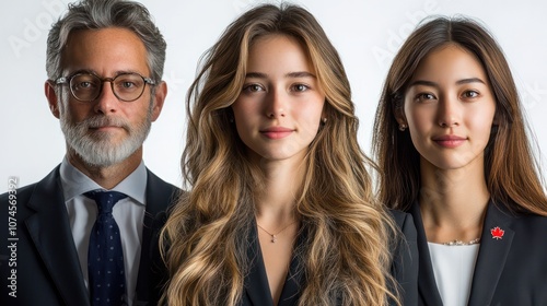 Business team from Canada, young and senior members, formal attire, isolated, white background