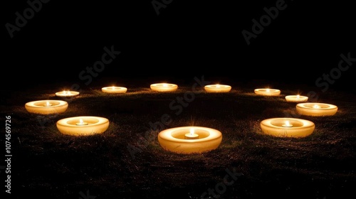 Ten candles arranged in a circle on the ground with a black background. photo