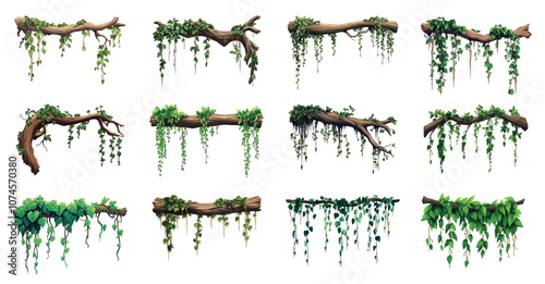 Green liana on the wooden brunch stick set. Old tree with hanging exotic tropical vines. Jungle botanical nature elements. Game app banner poster design element. Cartoon style isolated vector clipart