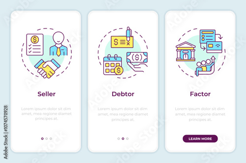 Parties in factoring process onboarding mobile app screen. Walkthrough 3 steps editable graphic instructions with linear concepts. UI, UX, GUI template. Montserrat SemiBold, Regular fonts used
