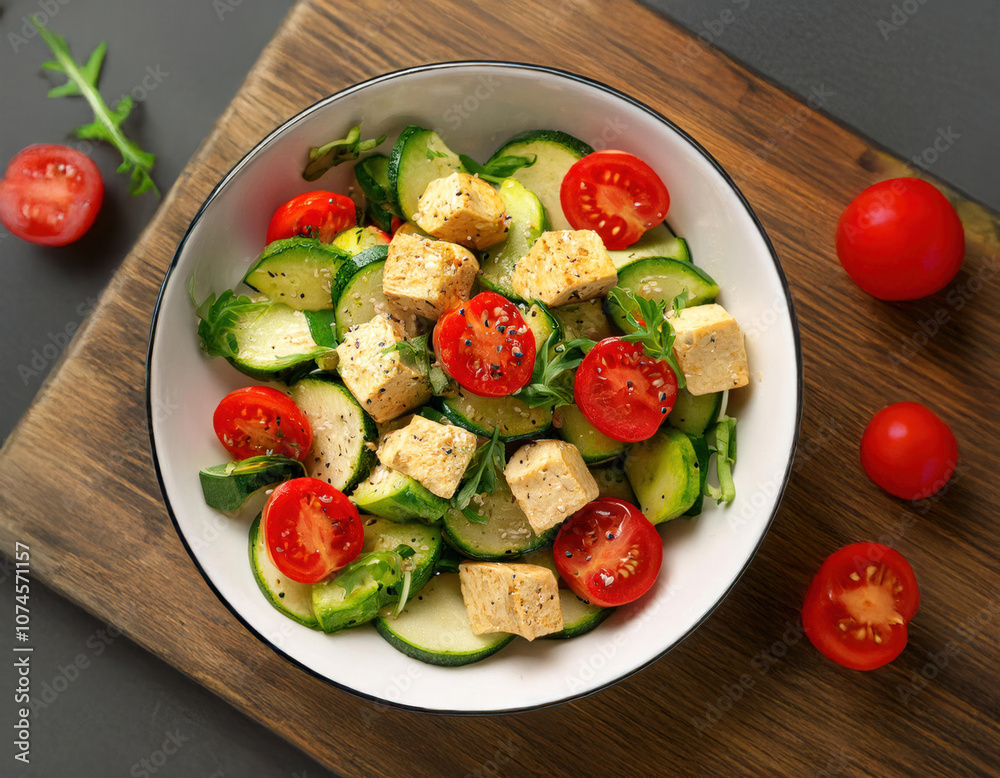 salad with tomatoes and tofu, vegan salad in a bowl salad with tomatoes and tofu, vegan salad in a bowl