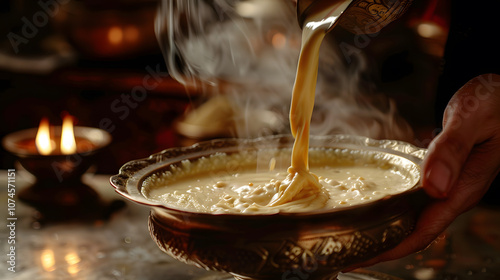 Diwali, Hand pouring creamy kheer into a serving photo