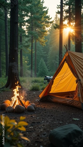 yellow tourist tent in the woods, sunset, rays through the branches, bonfire, campfire, romance of hiking, vacation, tourism, weekend, travel, traveler, trekking, camping 