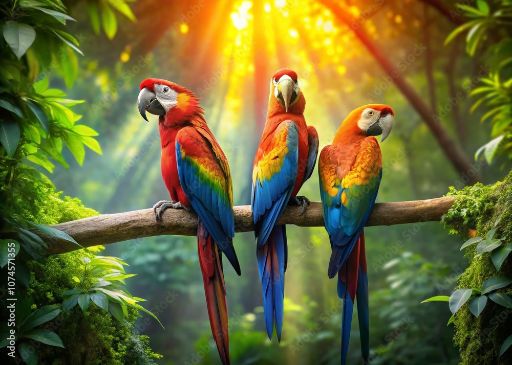 Vibrant Three Macaws Resting on a Branch Surrounded by Lush Greenery in a Tropical Rainforest Setting, Showcasing Nature's Splendor and Colorful Wildlife Vibrant Three Macaws Resting on a Branch Surrounded by Lush Greenery in a Tropical Rainforest Setting, Showcasing Nature's Splendor and Colorful Wildlife
